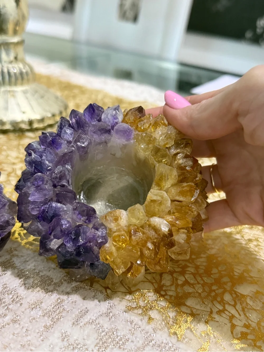 Handmade Amethyst & Citrine Candle Holders, Natural Gems - Set of 2